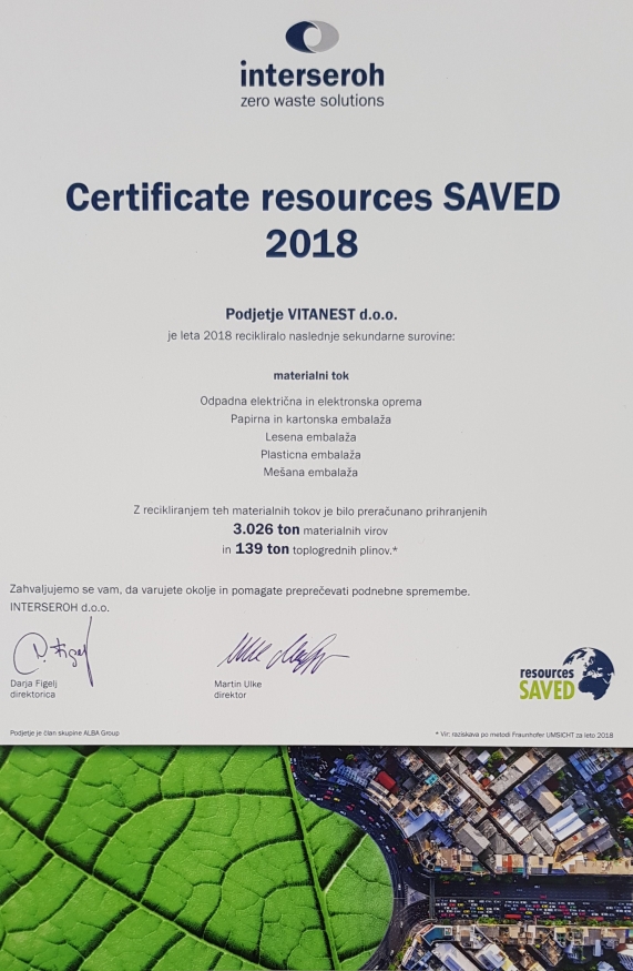 Certifikat Interseroh za Vitanest 